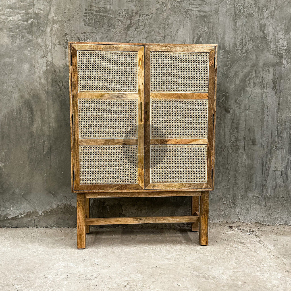Rattan and mango wood cabinet 2 door.