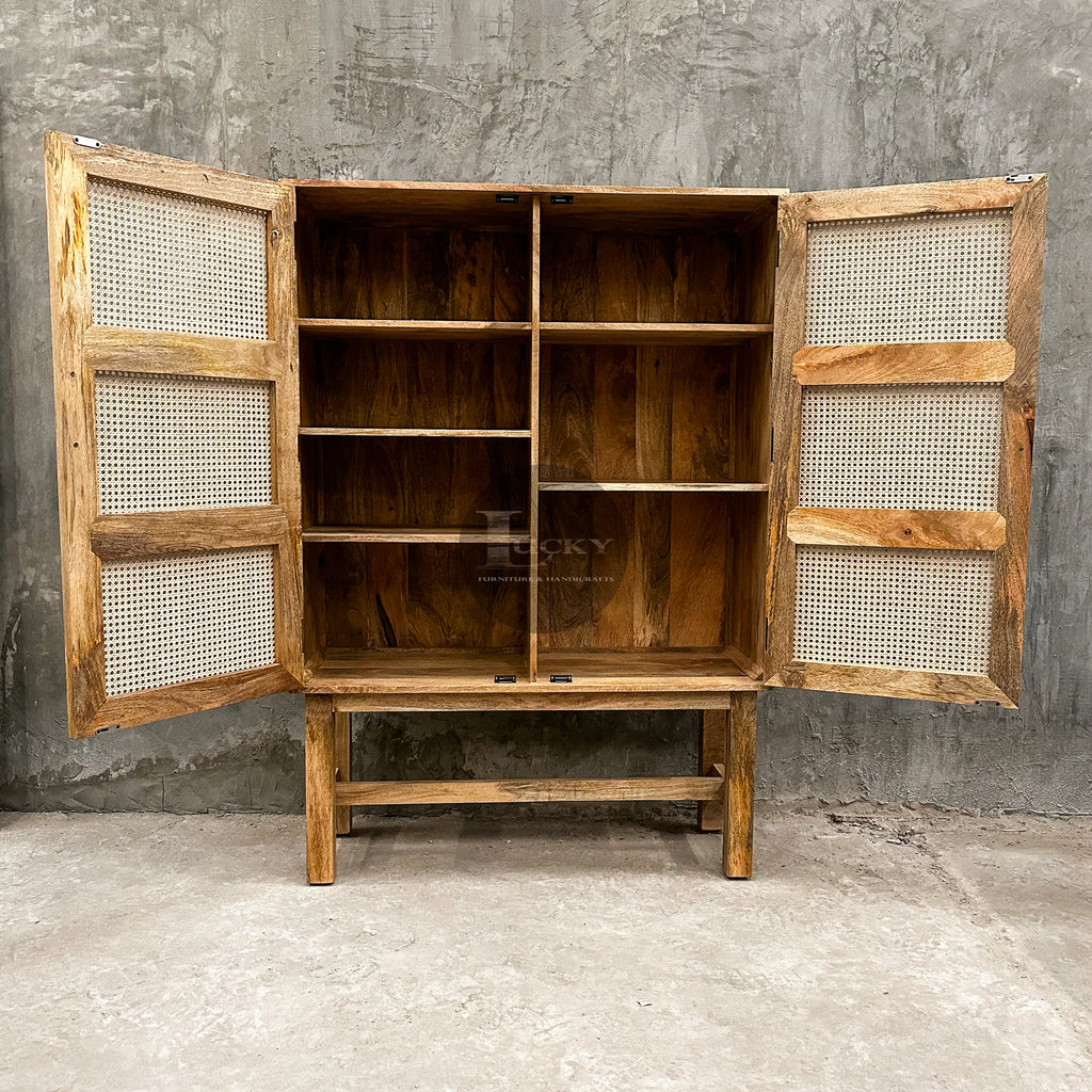 Rattan and mango wood cabinet 2 door.