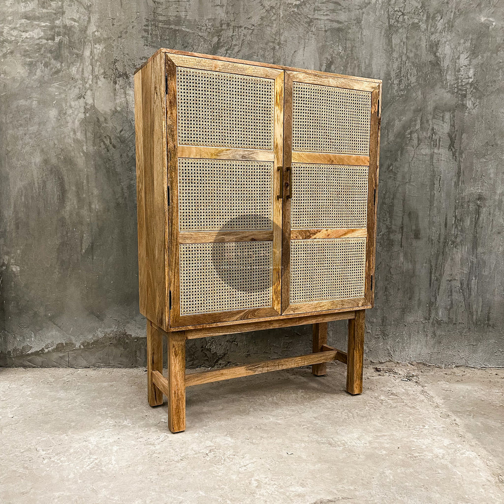 Rattan and mango wood cabinet 2 door.