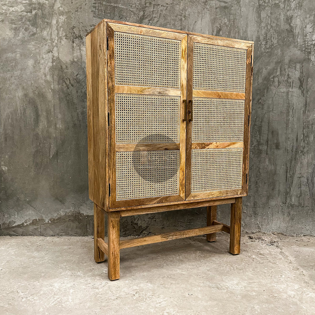 Rattan and mango wood cabinet 2 door.