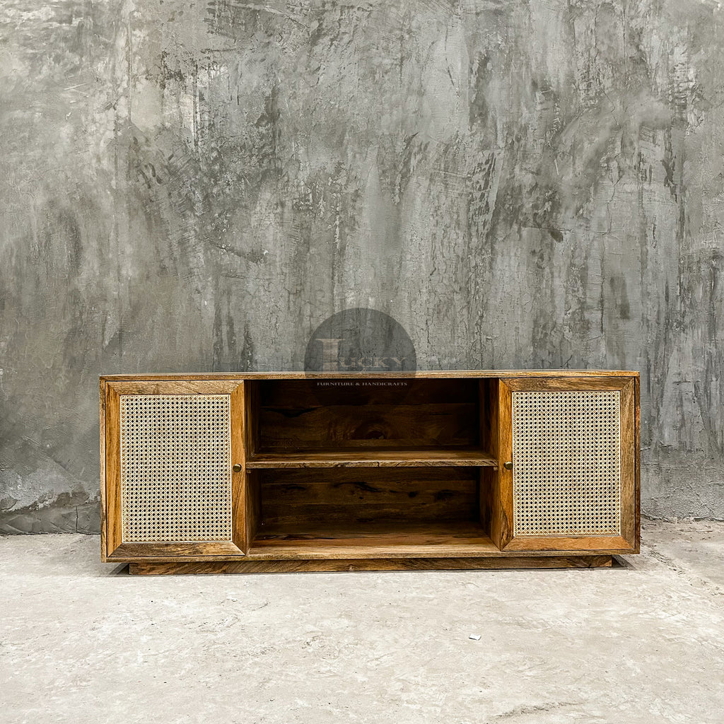 Rattan and mango wood tv stand 2 door.