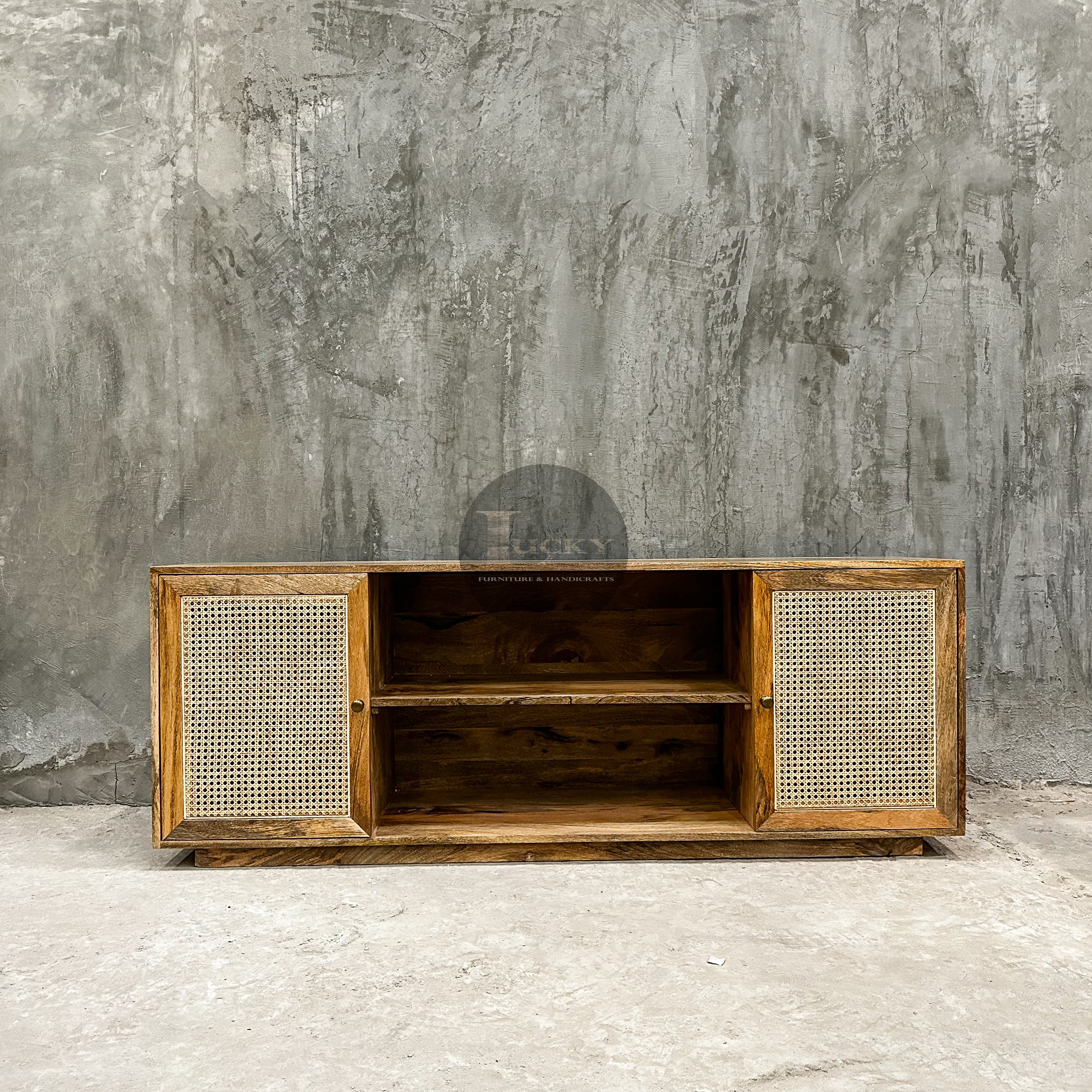 Rattan and mango wood tv stand 2 door.