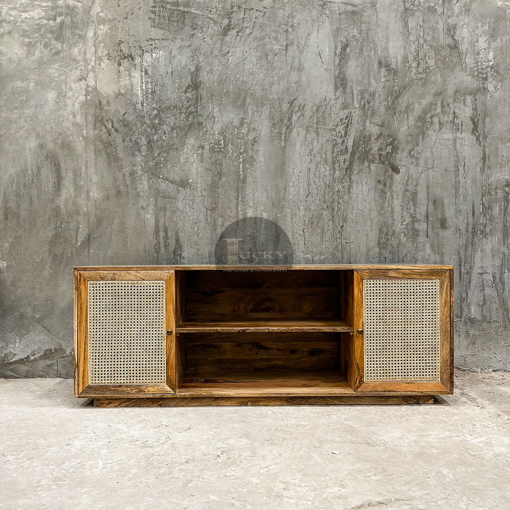 Rattan and mango wood tv stand 2 door.
