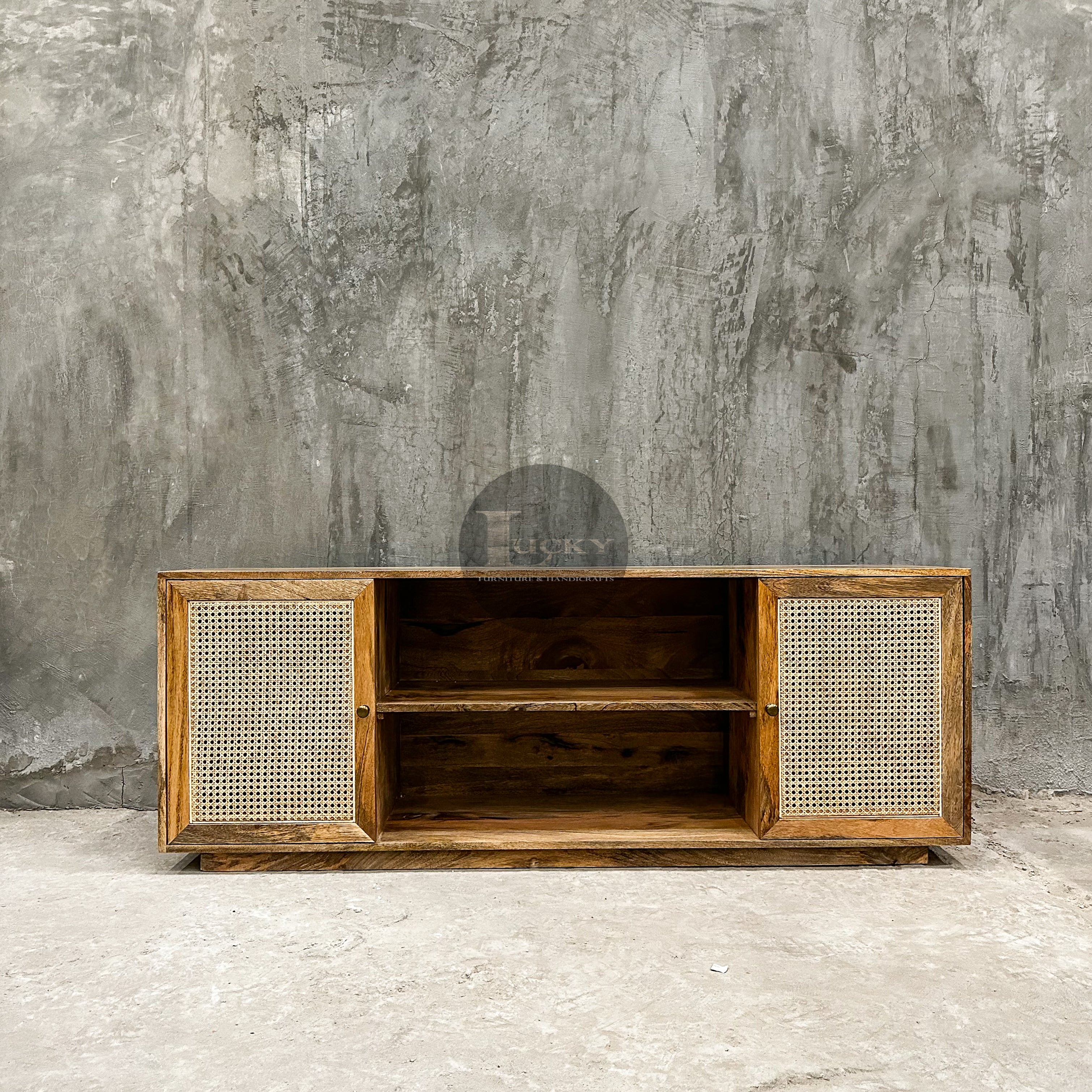Rattan and mango wood tv stand 2 door.