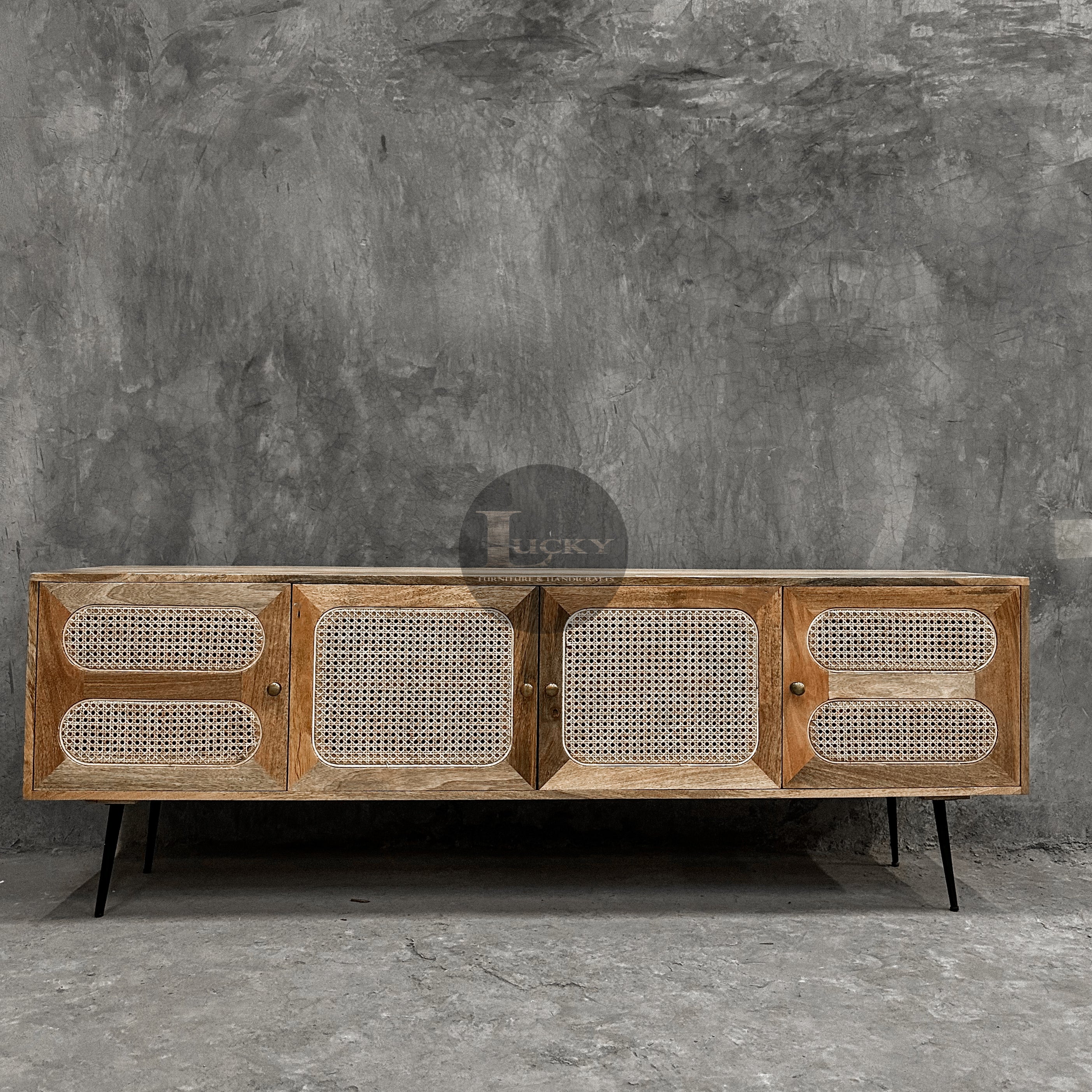 Rattan and mango wood tv stand 4 door.