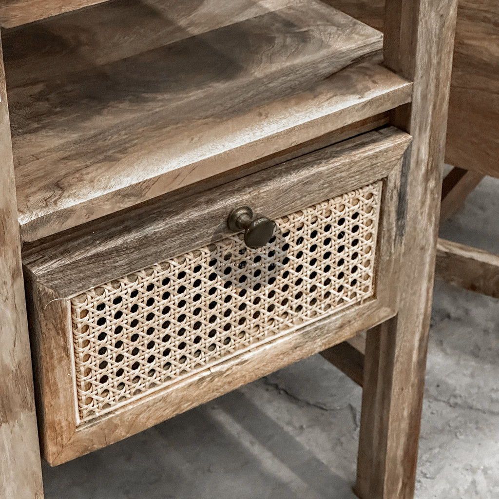 Rattan and mango wood 1 draw sidetable.