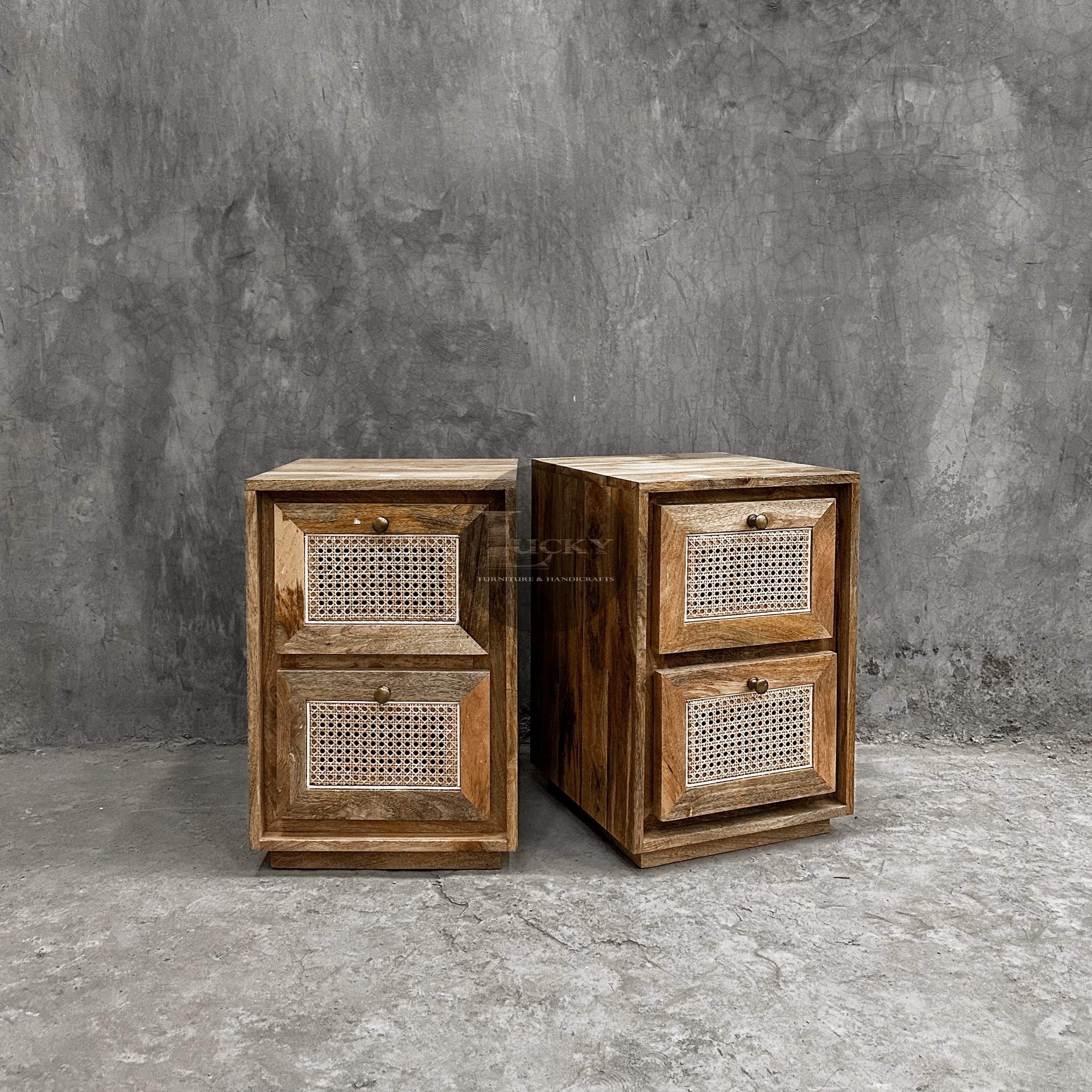 Rattan and mango wood sidetable 2 draw.