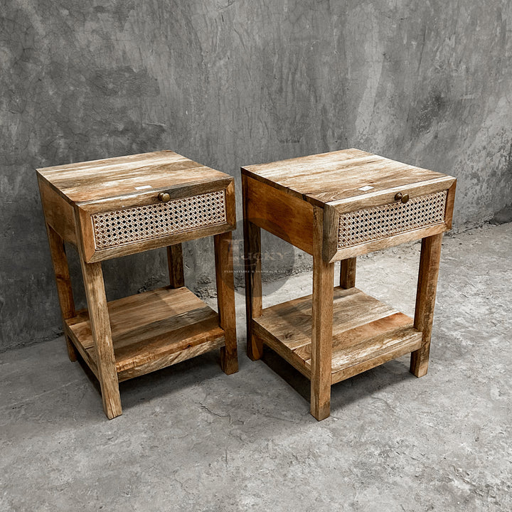 Rattan and mango wood 1 draw side table.