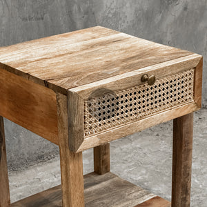 Rattan and mango wood 1 draw side table.