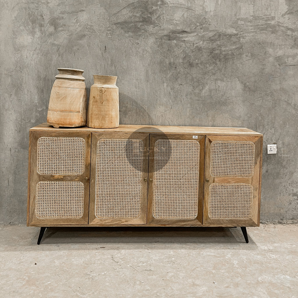 Rattan and mango wood sideboard 4 door.