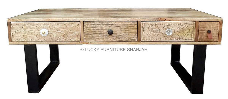 Carved 4 Draw Coffee Table & Metal Legs | Lucky Furniture & Handicrafts.