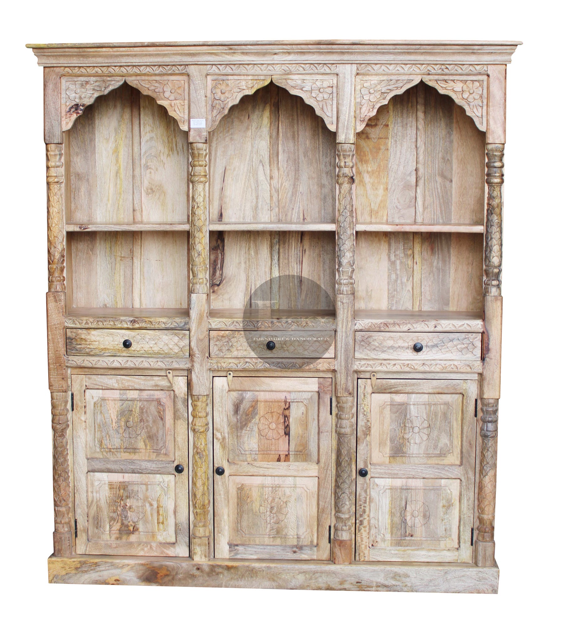 Carved Mango Wood Triple Mehrab Bookshelf.