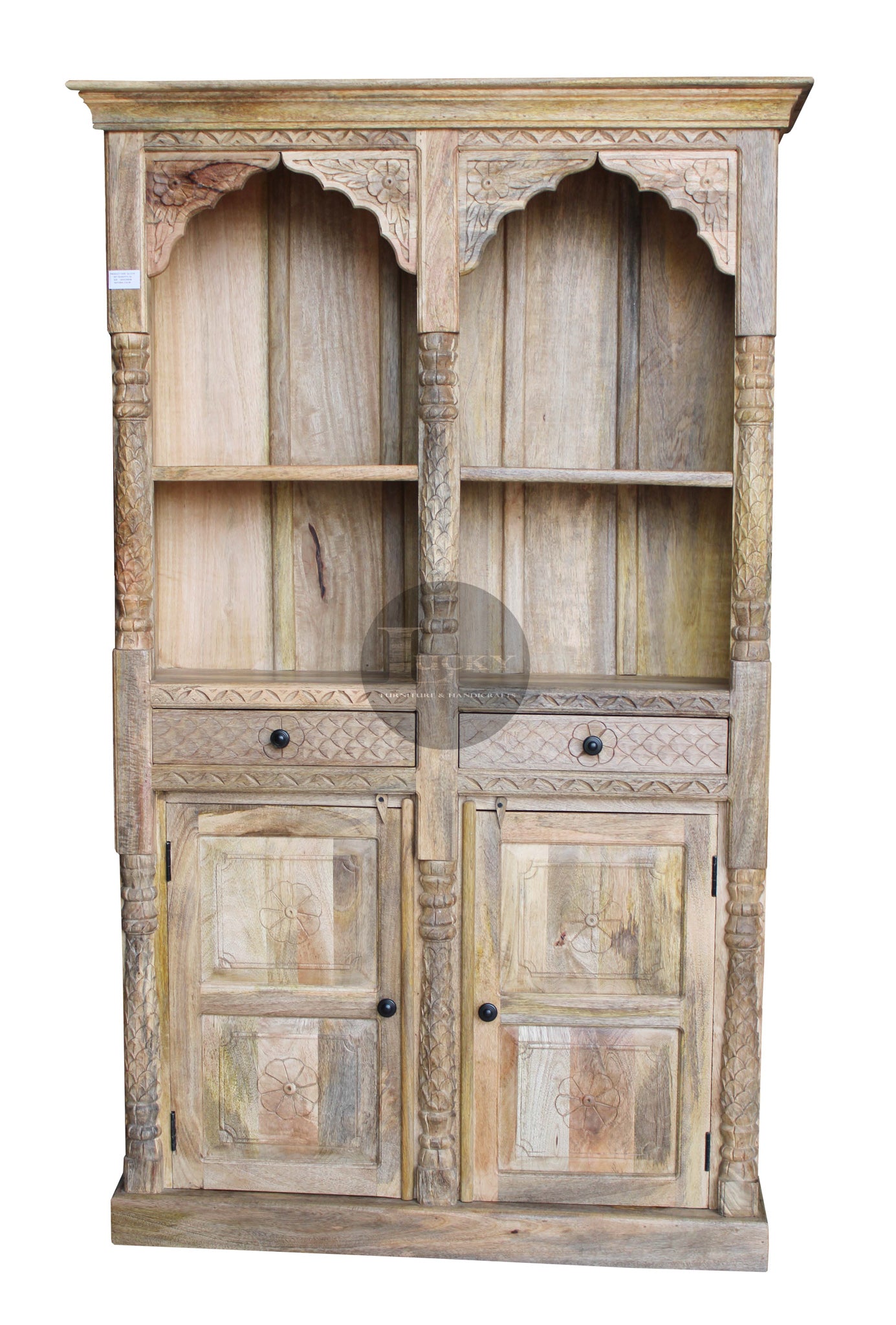 Carved Mango Wood Double Mehrab Bookshelf.