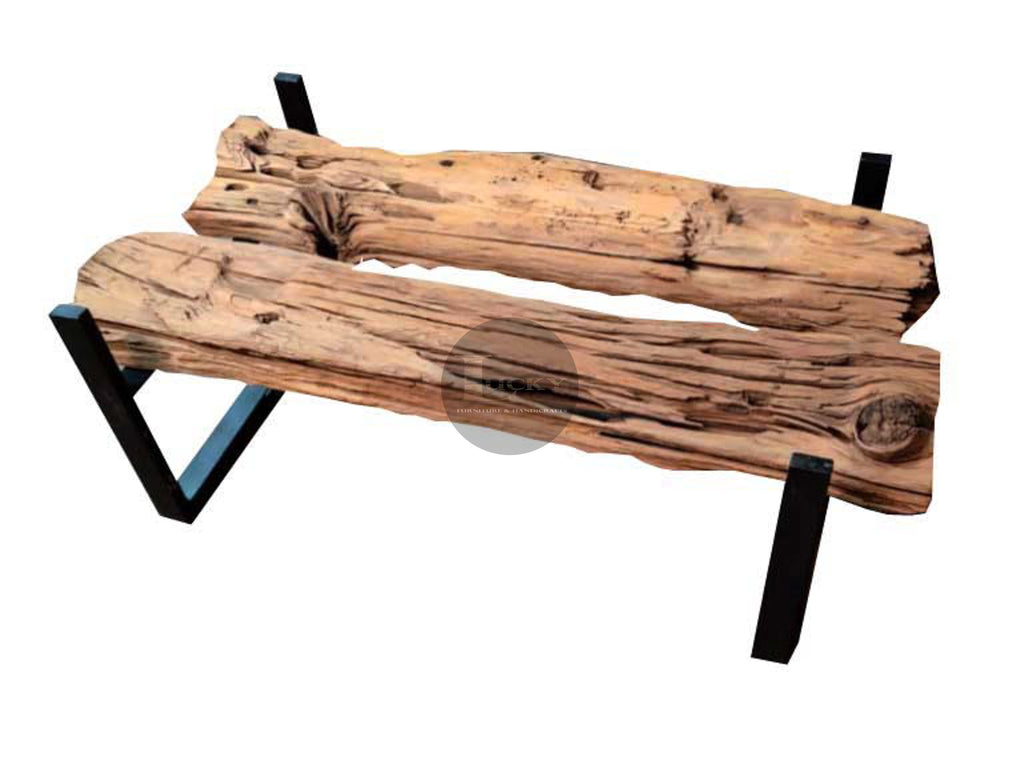 2 Log Railway Beam Table with glass.