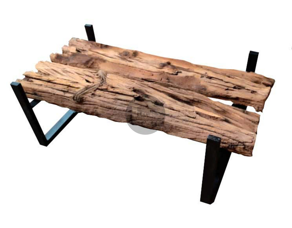2 Log Railway Beam Table with glass.