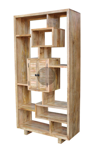 Shutter design staggered wooden bookshelf.