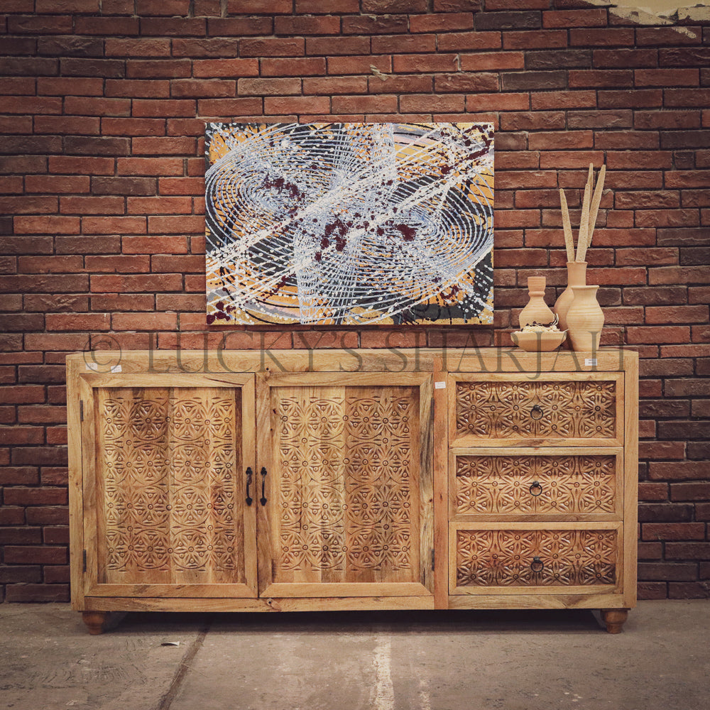 Carved tribal 3 draw 2 door sideboard | Lucky Furniture & Handicrafts.