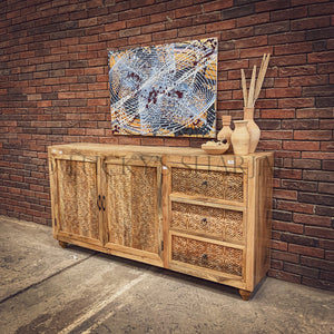 Carved tribal 3 draw 2 door sideboard | Lucky Furniture & Handicrafts.