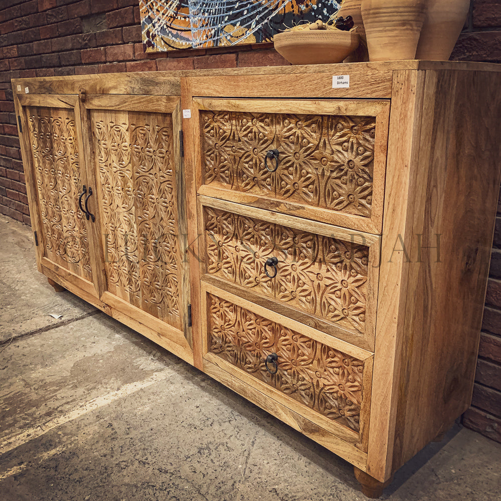 Carved tribal 3 draw 2 door sideboard | Lucky Furniture & Handicrafts.