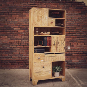 Staggered mango wood bookshelf cabinet