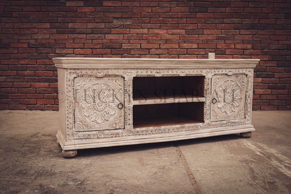 Intricate carved 2 door tv stand | Lucky Furniture & Handicrafts.