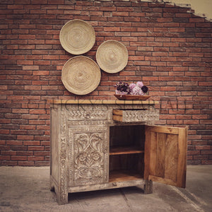 Carved greywash 2 draw sideboard | Lucky Furniture & Handicrafts.
