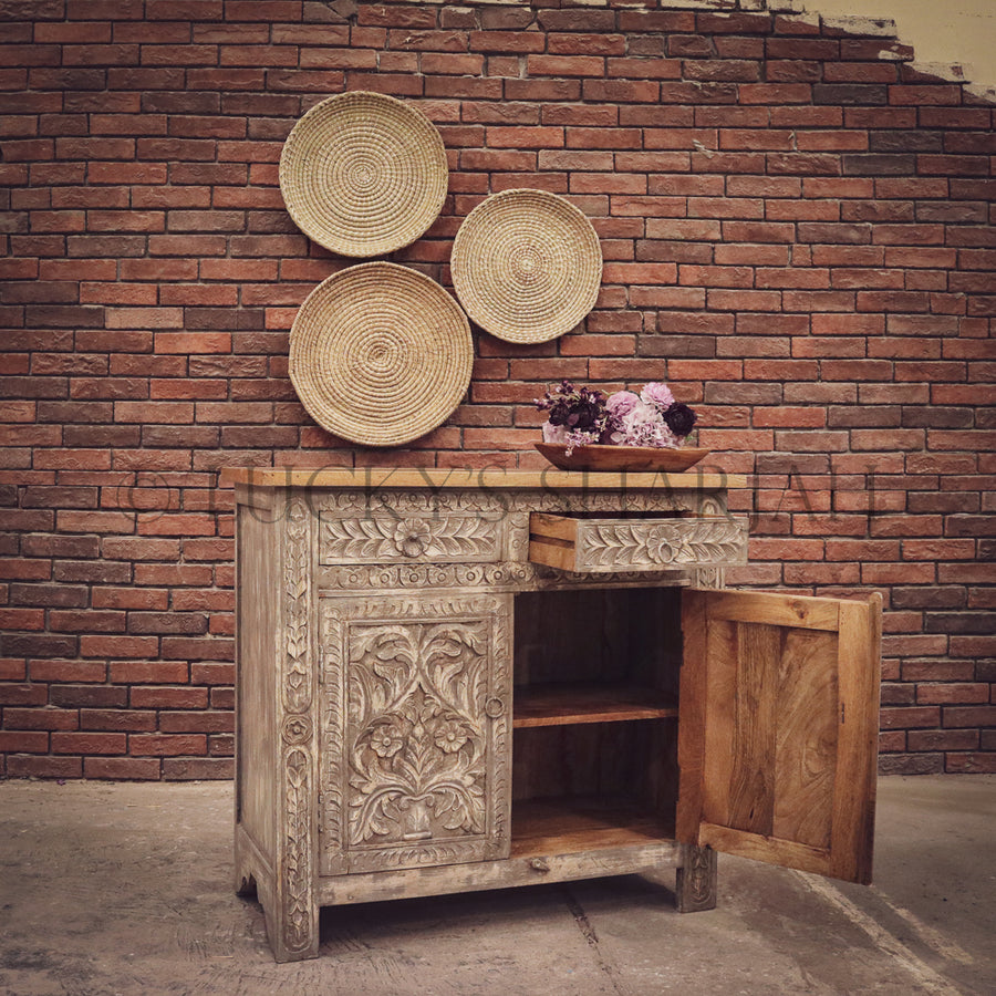 Carved greywash 2 draw sideboard | Lucky Furniture & Handicrafts.