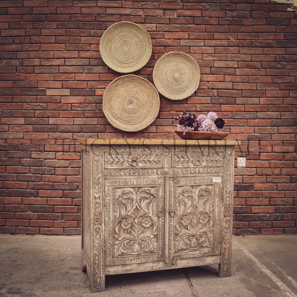 Carved greywash 2 draw sideboard | Lucky Furniture & Handicrafts.