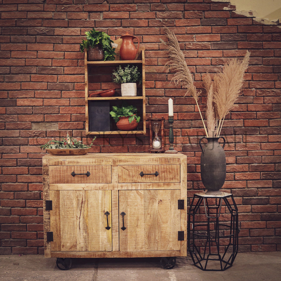 Mango wood 2 draw barn style sideboard with wheel | Lucky Furniture & Handicrafts.