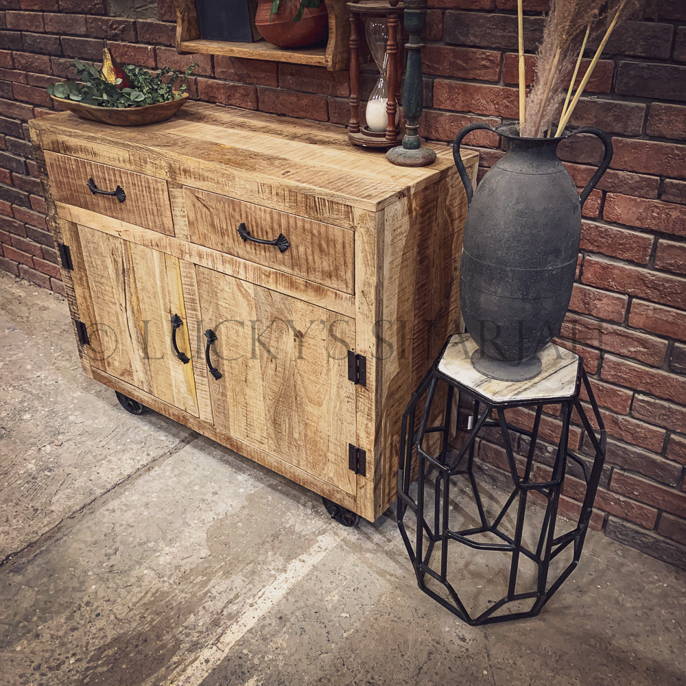 Mango wood 2 draw barn style sideboard with wheel | Lucky Furniture & Handicrafts.