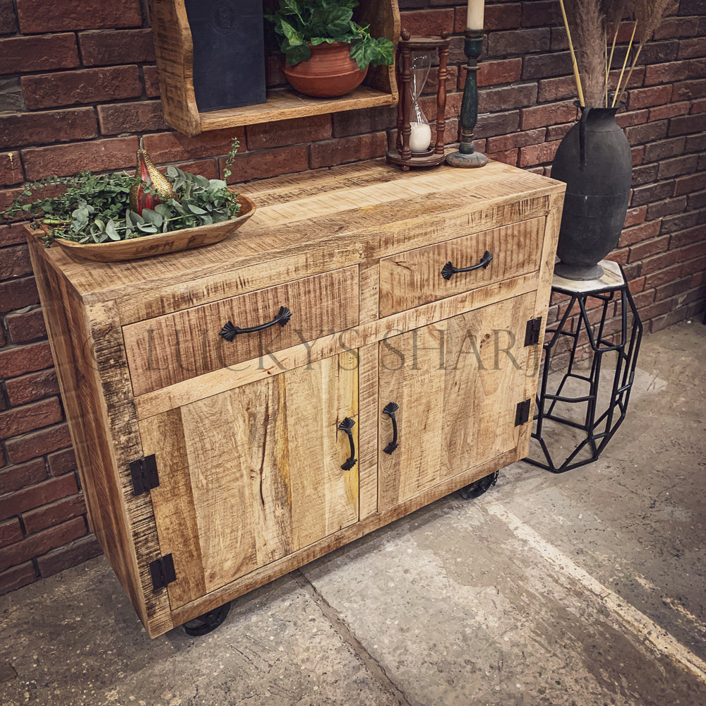 Mango wood 2 draw barn style sideboard with wheel | Lucky Furniture & Handicrafts.