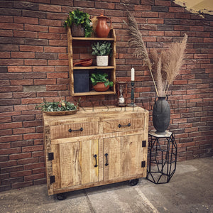 Mango wood 2 draw barn style sideboard with wheel | Lucky Furniture & Handicrafts.