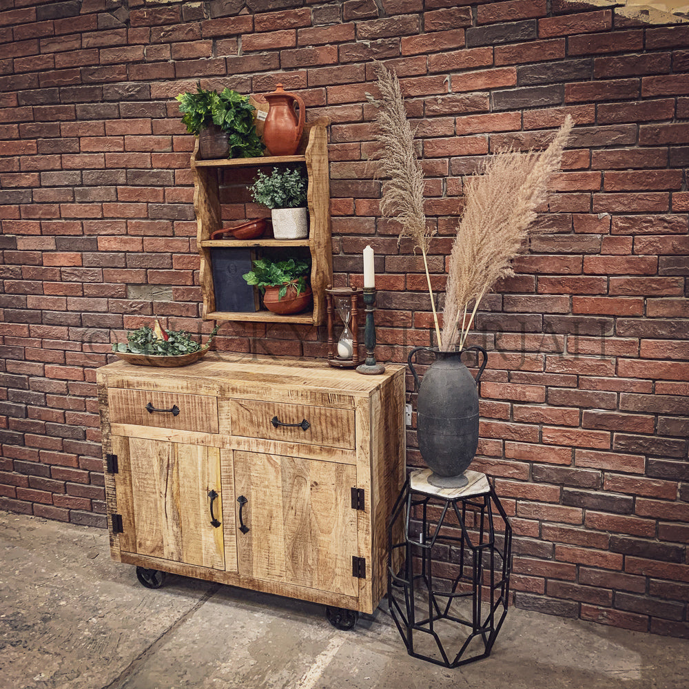 Mango wood 2 draw barn style sideboard with wheel | Lucky Furniture & Handicrafts.