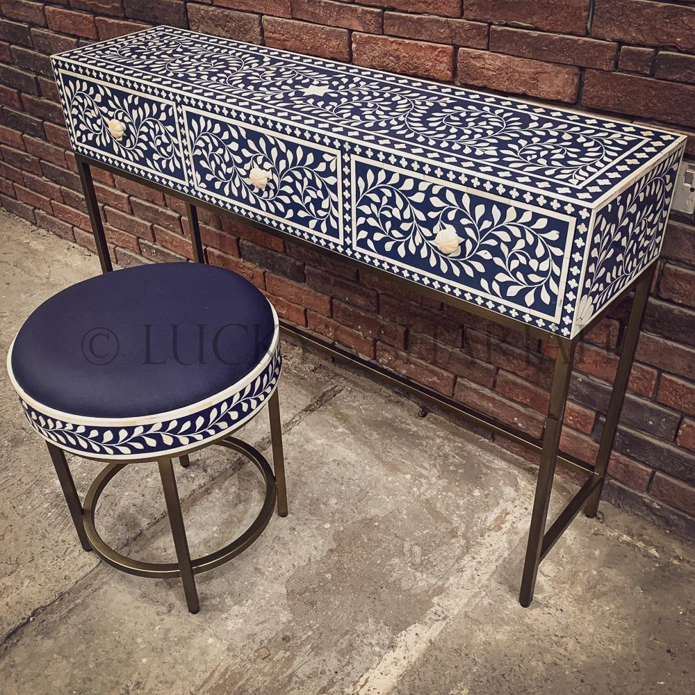 Dark Blue Bone Inlay console and stool | Lucky Furniture & Handicrafts.