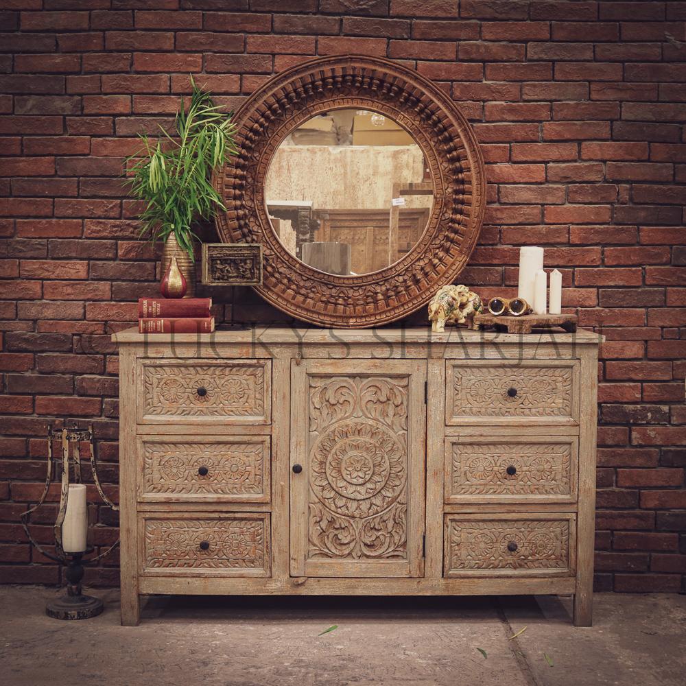 Carved 6 draw 1 door sideboard | Lucky Furniture & Handicrafts.