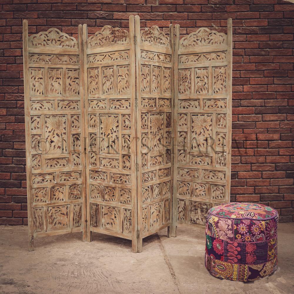 Distress Green carved room divider | Lucky Furniture & Handicrafts.