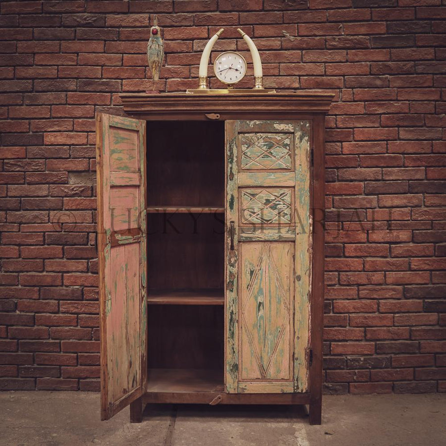 Vintage Cabinet Distress green details | Lucky Furniture & Handicrafts.