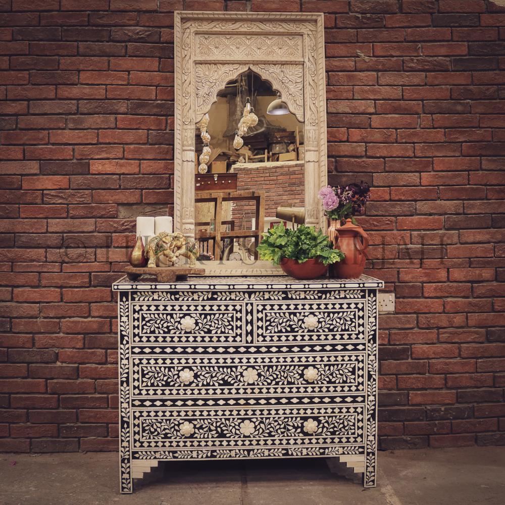 Floral Black and white bone inlay drawchest | Lucky Furniture & Handicrafts.