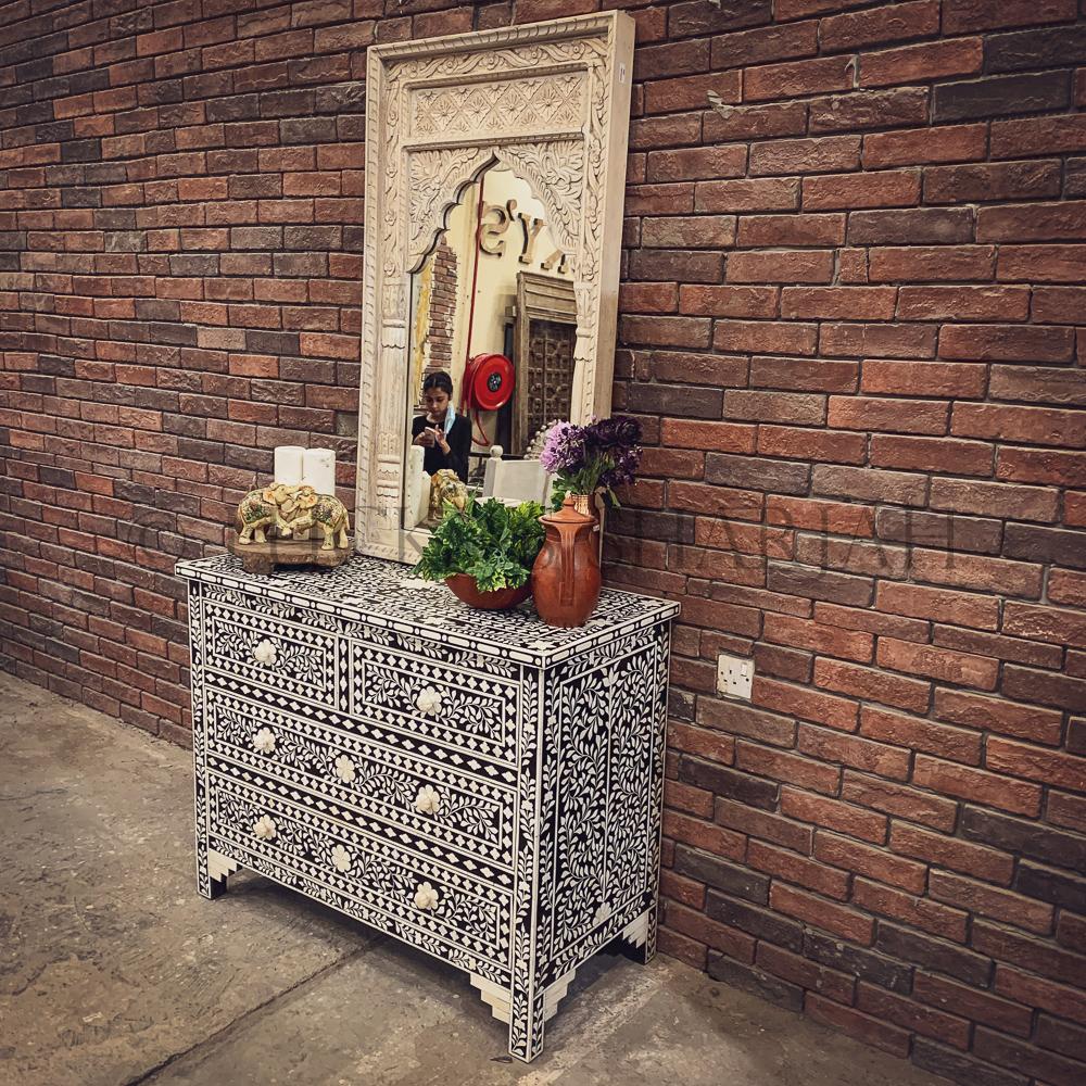 Floral Black and white bone inlay drawchest | Lucky Furniture & Handicrafts.