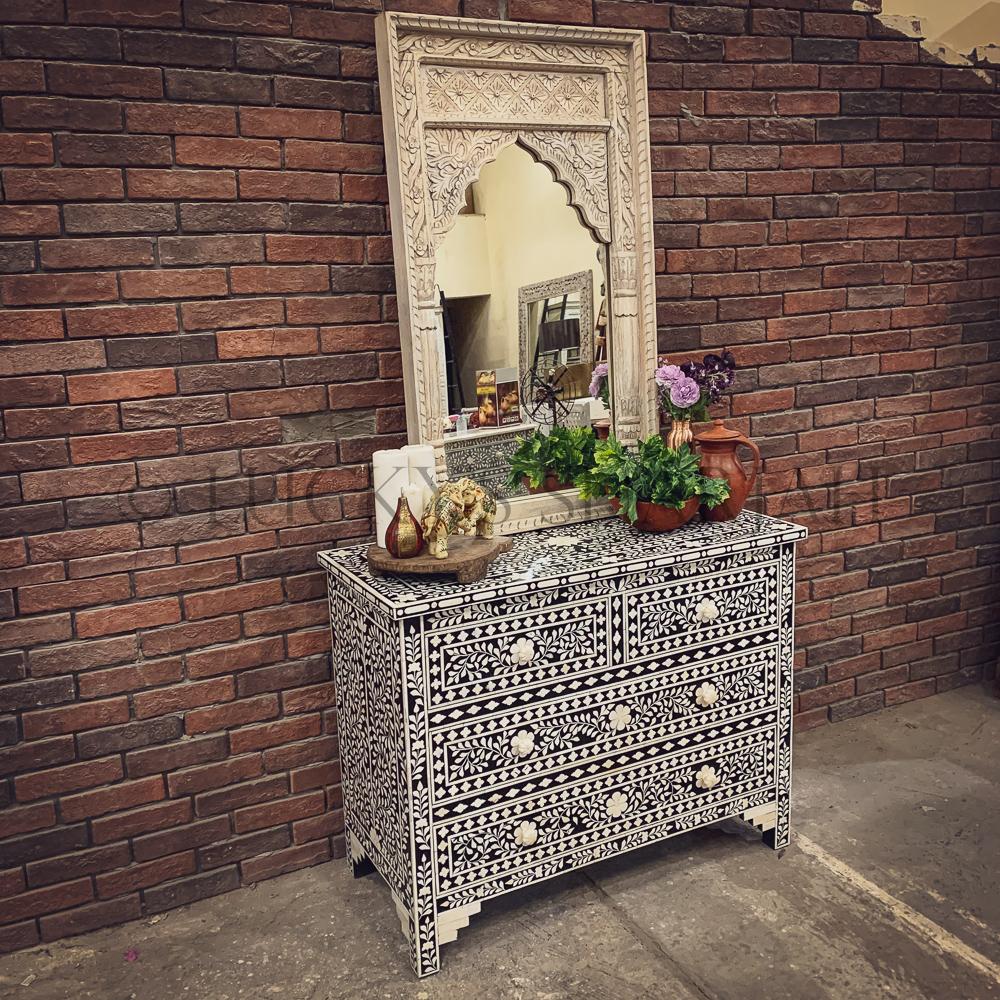 Floral Black and white bone inlay drawchest | Lucky Furniture & Handicrafts.