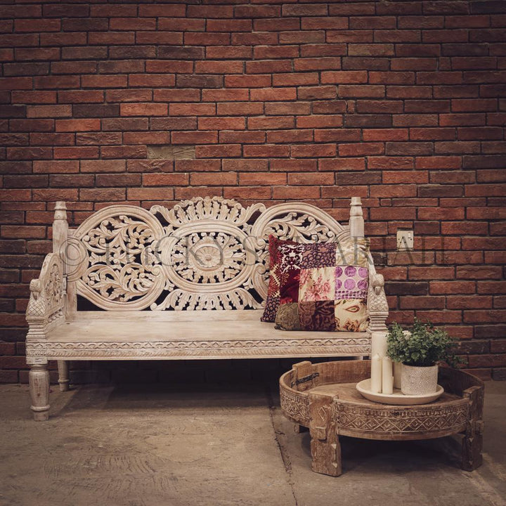 Handcarved bench WHITE | Lucky Furniture & Handicrafts.