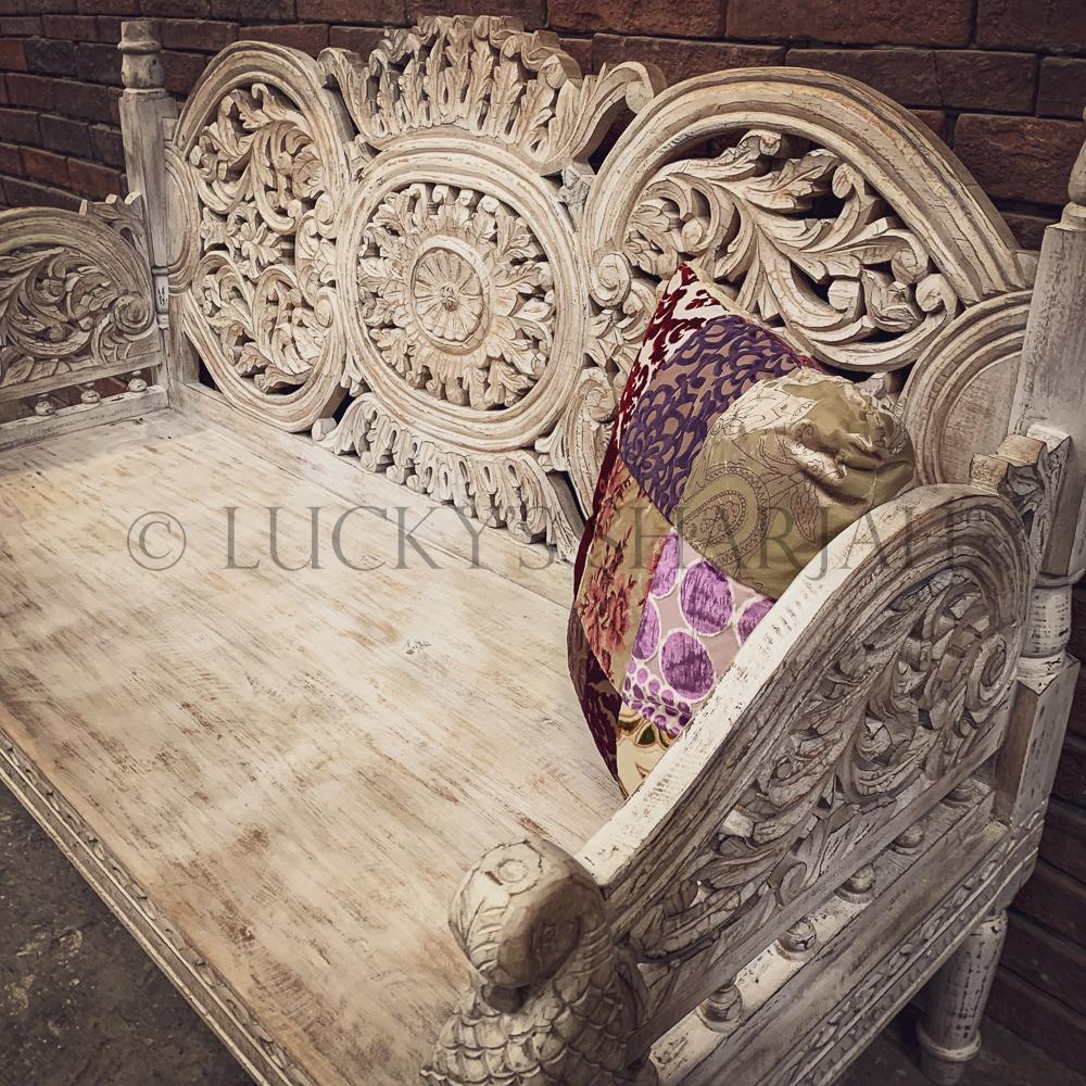 Handcarved bench WHITE | Lucky Furniture & Handicrafts.
