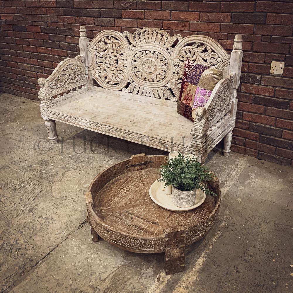 Handcarved bench WHITE | Lucky Furniture & Handicrafts.