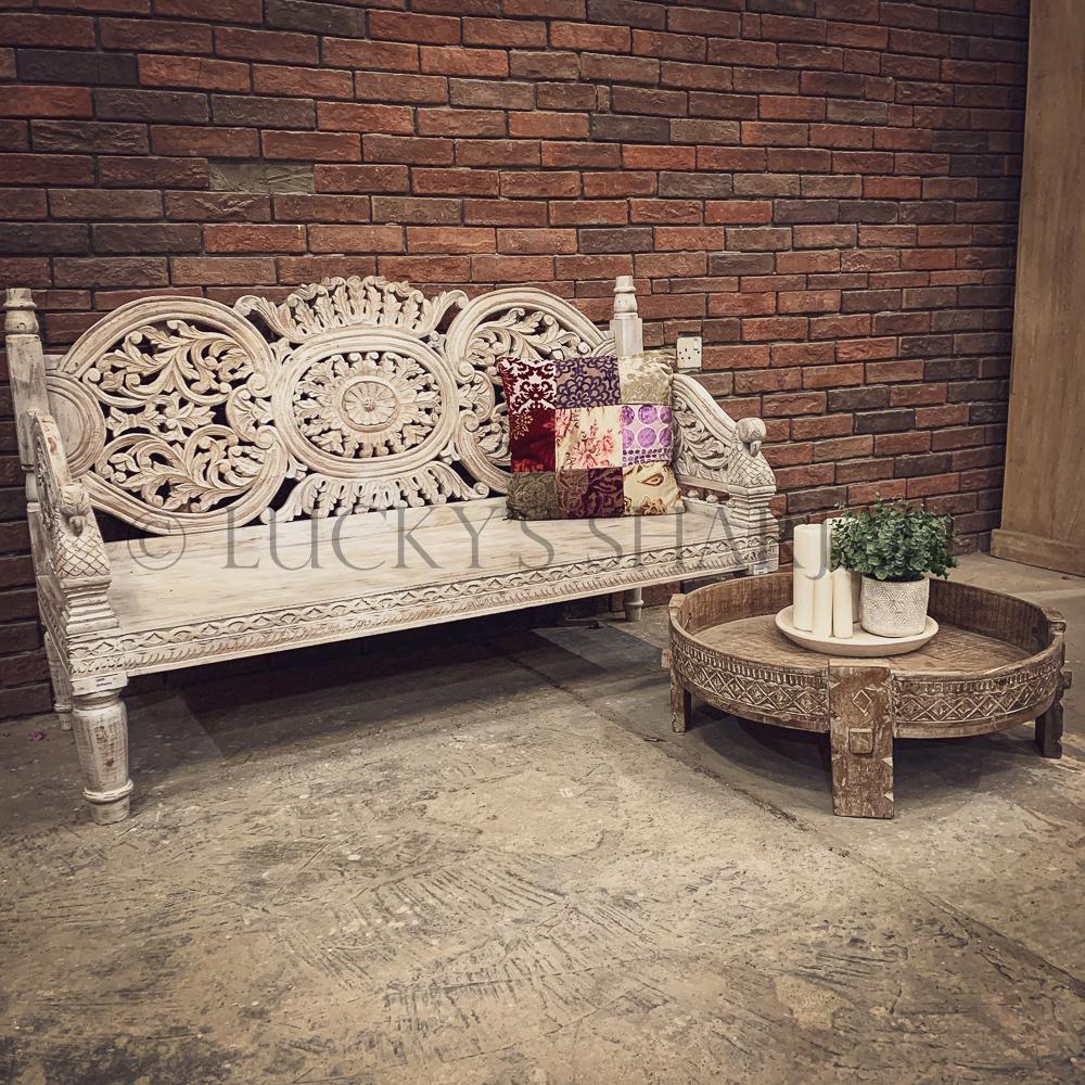 Handcarved bench WHITE | Lucky Furniture & Handicrafts.