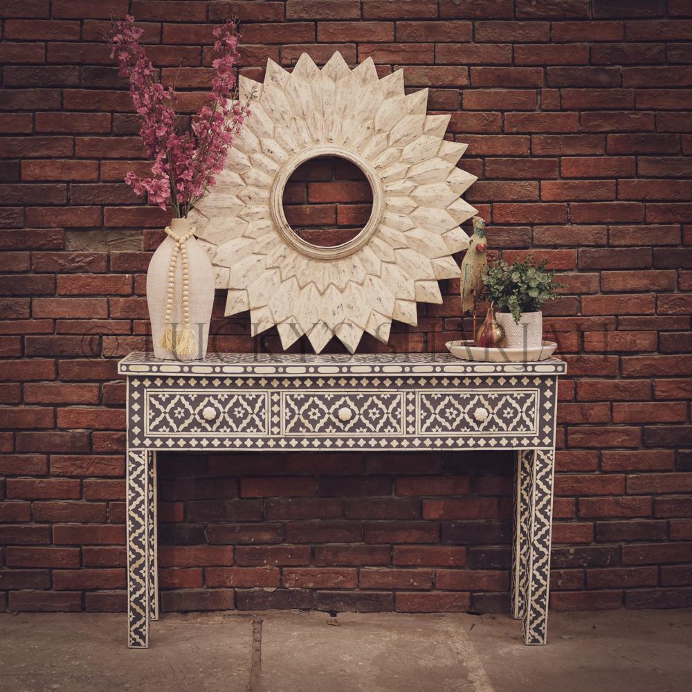 Grey and white bone inlay console | Lucky Furniture & Handicrafts.
