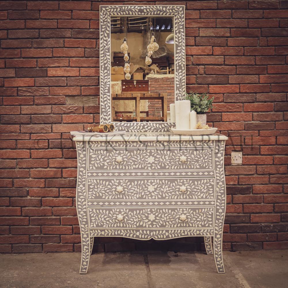 Grey and white bone inlay drawchest and mirror FLORAL | Lucky Furniture & Handicrafts.