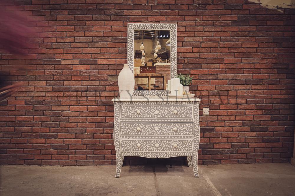 Grey and white bone inlay drawchest and mirror FLORAL | Lucky Furniture & Handicrafts.