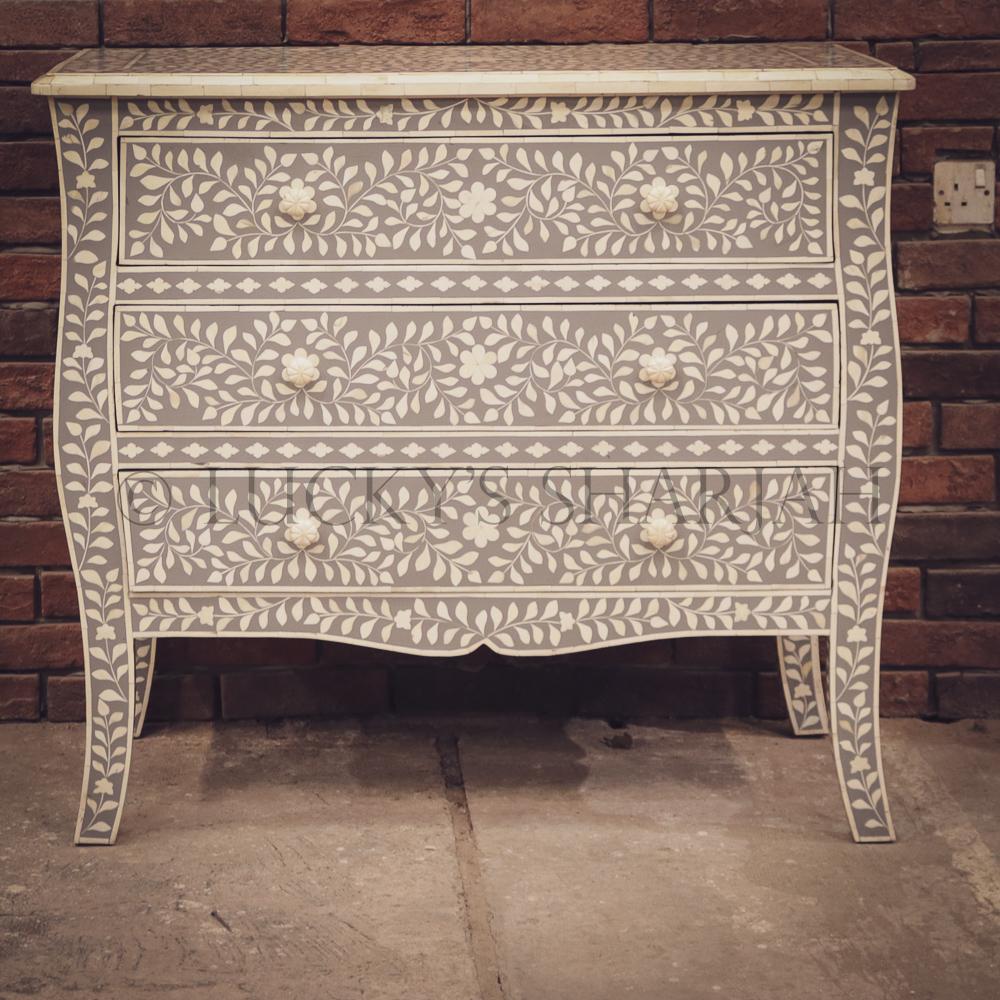 Grey and white bone inlay drawchest and mirror FLORAL | Lucky Furniture & Handicrafts.