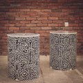 Black and white floral round bone inlay sidetable | Lucky Furniture & Handicrafts.
