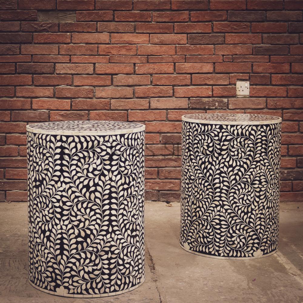 Black and white floral round bone inlay sidetable | Lucky Furniture & Handicrafts.